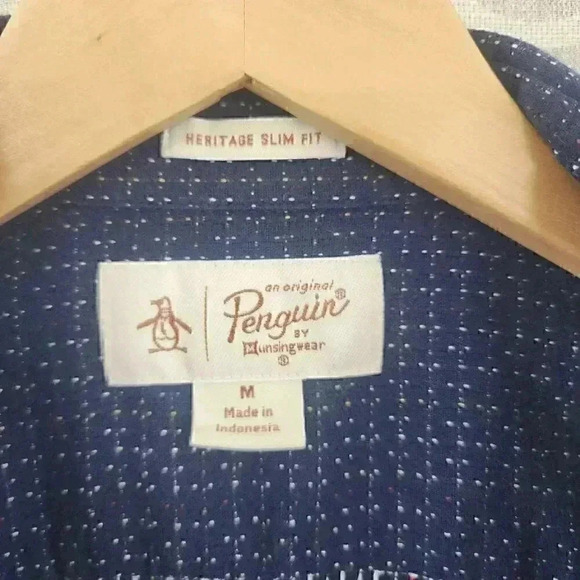 Original Penguin Heritage Slim Fit Navy Blue Button Down Long Sleeve Shirt Men's - Picture 7 of 8